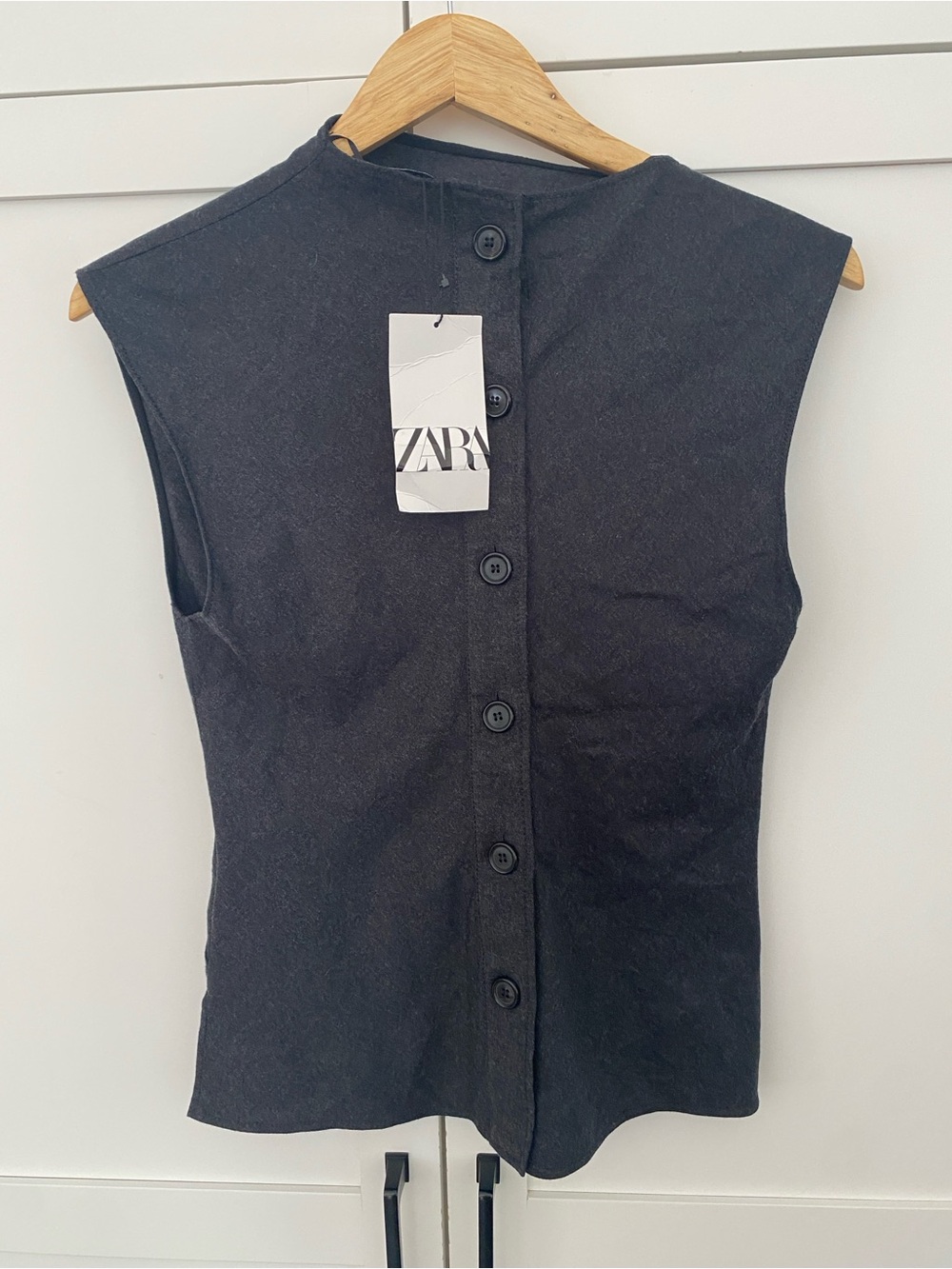 Zara Charcoal Grey Wool Blend Sleeveless Button Front Ruched Back Vest Size S